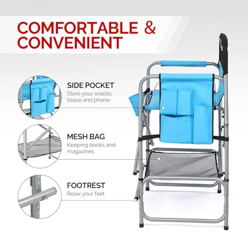 mefeir 26" Extra Tall Director Chair w/Side Table, Heavy-Duty Steel Frame Portable Folding Bar Stool w/Storage Pockets, for Makeup Artist, Salon, Studio, Camping, 300 lbs Capacity (Blue) - color: Black/Blue, size: 31in