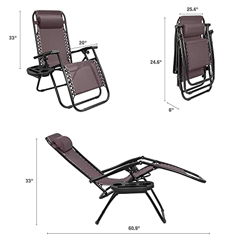GUNJI Zero Gravity Chair Outdoor Lawn Folding Lounge Chairs Adjustable Reclining Patio Chairs Set of 2 with Cup Holder Lounge Gravity Chairs for Poolside, Backyard, Beach and Camping (Brown) - color: Brown