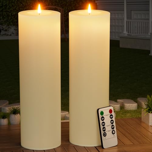BUTHY 14" x 4" Large Outdoor Candles with Timer Waterproof Flickering LED Flameless Candles Battery Operated with Remote Fake Pillar Candles Realistic for Patio Porch Lanterns, Ivory 2 Pack - color: Ivory, size: 14in-2Pack