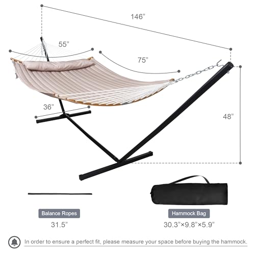 Double Hammock with 12 FT Stand, 2 Person Curved Bar Hammock with Stand, Pillow and Portable Carrying Bag, Heavy Duty 450lbs Capacity, Tan - color: Tan
