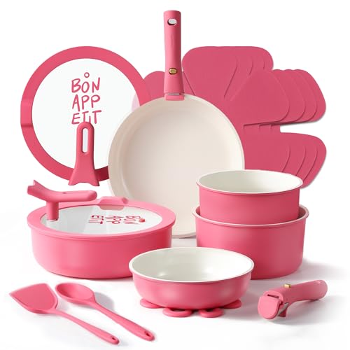 CAROTE 18Pcs Ceramic Cookware Set with Detachable Handle, Pots and Pans Set Non Stick, Non Toxic Kitchen Cooking Sets with Stand-Up Lid, PFAS and PFOA Free, Oven Safe, Induction Ready, Pink - color: Pink