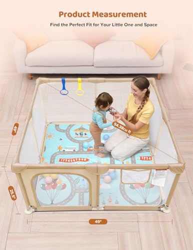 Dripex Baby Playpen with Mat, 47"x47" Play Pen for Toddlers 1-3 Years, Soft Breathable Visible Mesh, Indoor/Outdoor Portable Play Yard with Mat, Safe Baby Fence Play Area, Beige - color: Beige, size: 47"×47" with Mat