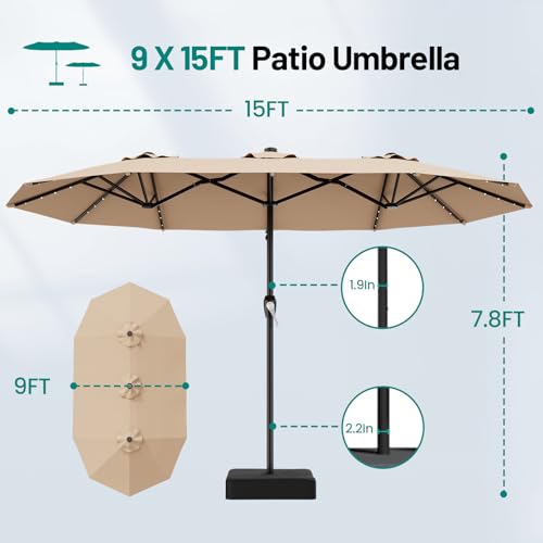 AreShark 15FT Patio Umbrella with Solar Lights, Double Sided Outdoor Table Umbrellas with Crank, Large Rectangular Market Umbrella for Porch, Lawn, Pool, Backyard, Beige - color: Beige, size: 9x15 Ft