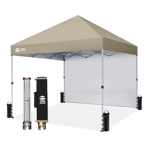 CROWN SHADES 8x8 Pop Up Canopy with 1 Side Wall - Beach Tent with One Push Setup - Outdoor Sun Shade for Events, Parties, Camping - Gazebo with STO-N-Go Cover Bag (Beige) - color: Beige, size: 8x8FT