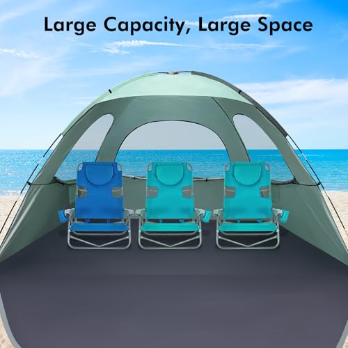 WhiteFang Beach Tent Anti-UV Portable Sun Shade Shelter for 3/4/6/8 Person, Extendable Floor with 3 Ventilating Mesh Windows Plus Carrying Bag, Stakes and Guy Lines - color: Mint Green, size: 8 Person