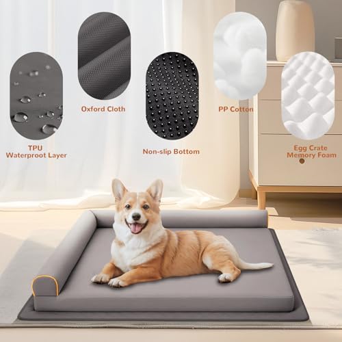 XL Dog Bed Orthopedic Memory Foam Pet Bed Waterproof with Anti-Slip Mat Washable Big Dog Couch Indestructible (Grey) - color: Grey, size: 44.0"L x 34.0"W x 7.5"Th