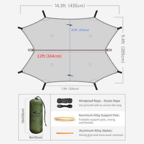 14ft Hammock Rain Fly Lightweight Waterproof Camping Tent Tarp with Doors and Dual Support Poles, Bushcraft Tarp Shelter for Backpacking Hiking Camping - color: Army-2