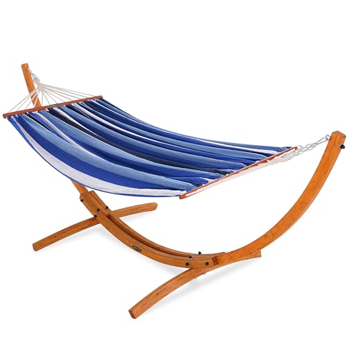 Lazy Daze Hammocks Cotton Fabric Spreader Bar Hammock and 10.5 Ft Wood Arc Hammock Stand Combo, for Indoor, Outdoor,Patio, Backyard, Blue and Cyan - color: Blue and Cyan