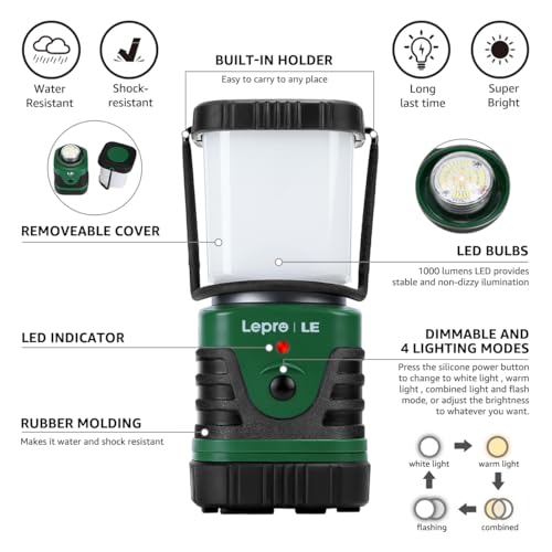 Lighting EVER 1000LM LED Camping Lantern Rechargeable, 4400mAh Power Bank, Camping Essential with 4 Light Modes, IP44 Waterproof Lantern Flashlight for Hurricane Emergency, Hiking, USB Cable Included