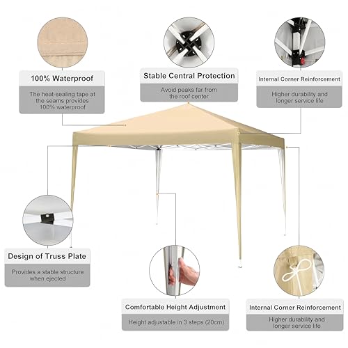 COBIZI 10x10 Pop Up Canopy Tent Without Sidewall, UPF 50+ Waterproof Outdoor Canopy, Instant Tent Portable Canopies Gazebo for Commercial Sun Shade Party Backyard with 4 Sandbags(Khaki) - color: Khaki, size: 10x10FT without sidewall