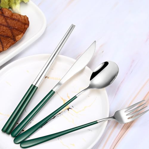 VANRA 4-Piece Portable Travel Utensils Set with Case 18/8 Stainless Steel Flatware Set Reusable Cutlery Set with Fork Spoon Knife Chopstick for Lunch Travel Camping School Work Picnic (Deep Green) - color: Deep Green, size: Fork Spoon Knife Chopstick