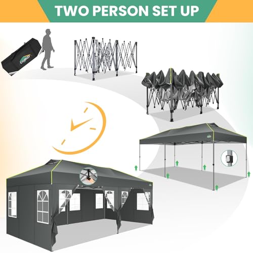 COBIZI 10x20 Pop Up Canopy Tent, Outdoor Party Tent with 6 Sidewall One Push Setup Glow, 3 Adjustable Height Air Vent Waterproof UPF50+, Bag, 4 Sandbag, 6 Stake, 12 Rope for Beach, Commercial - color: Gray, size: 10x20