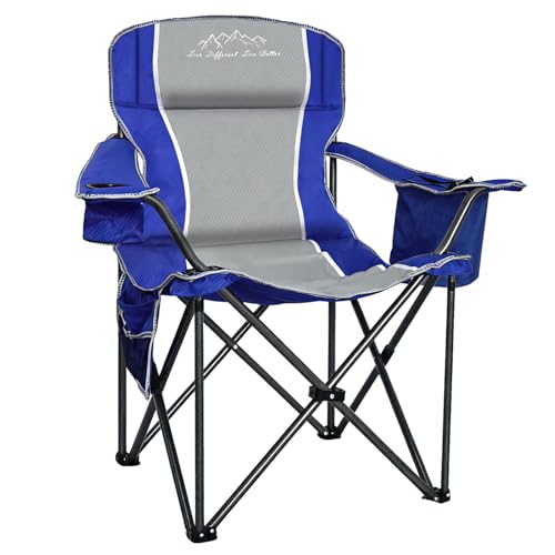 Camping Chair Portable Folding Outdoor Chair Heavy Duty Padded Chairs Lawn Chair with Cup Holder, Storage Pocket and Cooler Bag, Supports 500 LBS, Blue - color: Blue