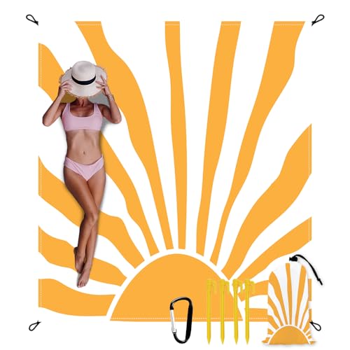 Beach Blanket Waterproof Sandproof Oversized Extra 110" * 118"/ 9 * 10 Ft Sand Free Beach Mat with Stakes, Storage Bag - Essentials for Outdoor Beach, Picnic,Quick Drying Durable - color: Sun, size: 9x10 FT (1～8 Person)