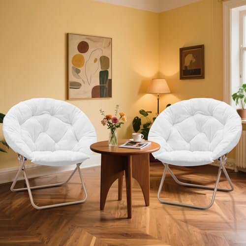 MoNiBloom Round Folding Faux Fur Saucer Chair for Bedroom Living Room Dorm Foldable Metal Frame Oversized Large Comfy Furry Padded Soft Lounge Lazy Cozy Moon Chair for Adults (White, 2 Pieces) - color: White