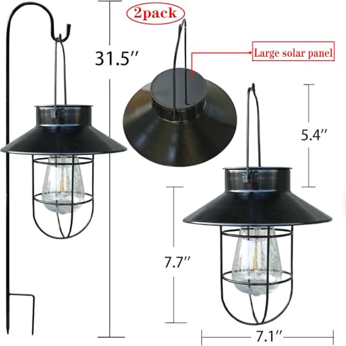 2 Pack Solar Lanterns ,Outdoor Waterproof Solar Lamp with Shepherd Hook, Metal Edison Bulb Lights Gifts for Gifts for Women/Mom Garden Outdoor Pathway Decor (Black)