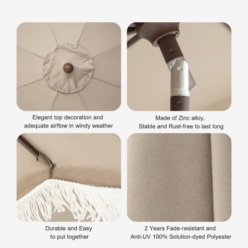 Tempera 9ft Auto Tilt Scalloped Patio Umbrellas with Fringe, Outdoor Table Umbrellas with Fade Resistant Canopy, 8 Sturdy Rids, Luxurious Vintage Umbrellas for Lawn, Pool, Deck, Balcony - color: Khaki Tassels, size: 9 FT