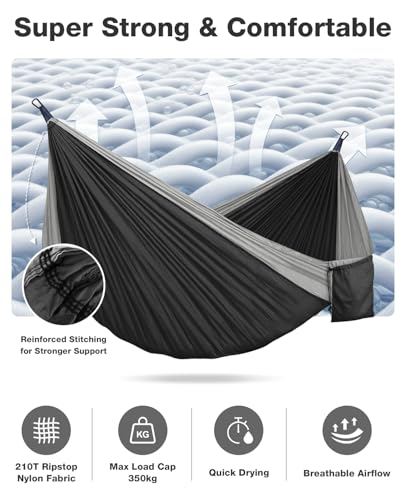 MOSFiATA Camping Hammock, Heavy Duty up to 700lbs with 2 Tree Straps and Attached Carry Bag Portable Outdoor Hammock for Backpacking Hiking Travel,Beach（Black Grey - color: Black Grey