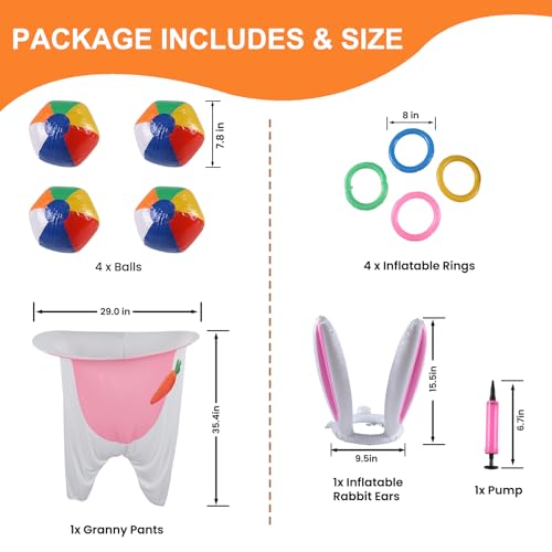 UATKIMI 11Pcs Easter Game Set for Adults Family, 1 Bunny Granny Pants Tossing Game, 4 Inflatable Balls, 1 Inflatable Rabbit Ears with 4 Rings and 1 Pump for Group Gatherings, Easter Party Favors Gift