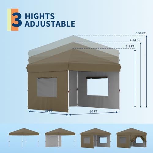 10x10 Pop Up Canopy with 3 Sidewalls - Easy Up Camping Tent with One Button Push Setup - 1 Roller Bag, 3 Adjustable Height, 4 Weight Bags for Deck, Garden, Sports, Beach, Party - Brown - color: Brown, size: 10x10
