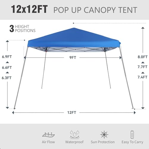 MFSTUDIO 12x12 Pop up Canopy Tent, Gazebo Shelter Sun Shade Canopies Patio Portable Popup Tents Easy Setup Waterproof with 9x9ft Top, for Beach,Parties,Picnics - color: Blue, size: 12x12ft