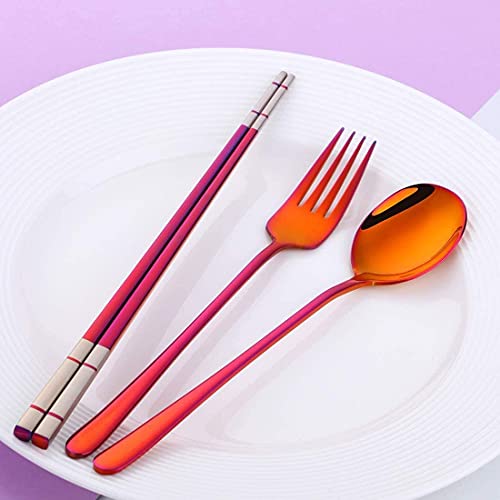 3 PCS Outdoor Flatware Set Fork Spoon Chopsticks/Travel Flatware Set with a Case, Red - color: Red