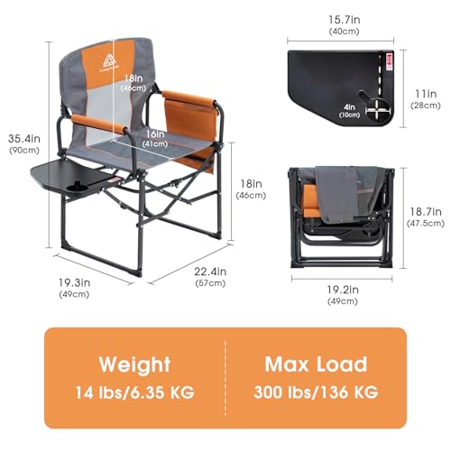 Wide Folding Director Chair with Table, Outdoor Camping Chair for Adults with Cup Holder Load 330 Lbs, Portable Lightweight Chair for Outside with Carry Bag for Patio, Orange-2Pack - color: Director Orange-2pack