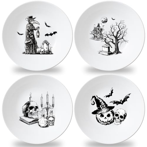 4 Set 10 Inch Halloween Gothic Plates Melamine Halloween Dinnerware Set Reusable Skull Candle Bat Tombstone Crow Melamine Plate Dishwasher for Toddlers Creatively Drop Resistant Cute Plastic Dish - style: Gothic