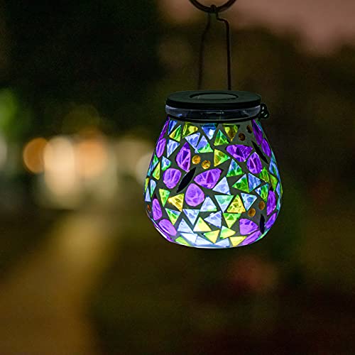 Afirst Mosaic Solar Lanterns - Glass Hanging Lights Butterfly Hollow Out Waterproof Outdoor Decorative for Garden, Patio, Holiday Party Outdoor Decoration, 1 Pack - style: Butterfly
