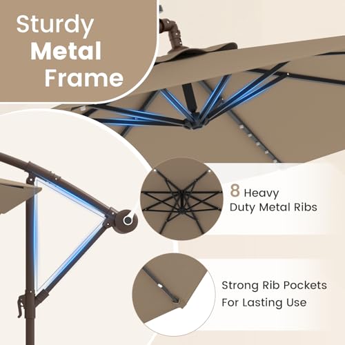 Tangkula 10FT Offset Patio Umbrella with Base Included, Outdoor Cantilever Umbrella with 40 Solar LED Lights, Tilt Adjustment, Crank Handle, Vented Top, Sand Bags for Pool Yard Deck (Tan) - color: Tan