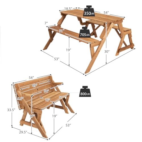 GYMAX Picnic Table, 2 in 1 Convertible Picnic Bench Table Set, Transforming Interchangeable Wooden Picnic Table with Umbrella Hole, Collapsible Outdoor Patio Dining Table Garden Bench