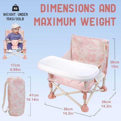 Tiny Marvels 3-in-1 Portable Baby Chair, Foldable Booster Seat with Removable Tray, Safety Harness & Carry Bag for Dining, Travel, Camping, Beach, 6M-3Y (Blush Bloom) - color: Blush Bloom