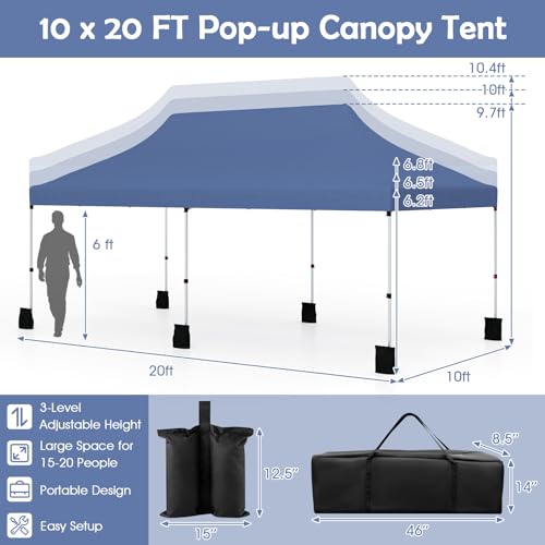 Tangkula 10x20 Ft Pop Up Canopy, Instant Setup Tent with 6 Sandbags, 12 Stakes & 6 Ropes, UPF 50+ Portable Outdoor Canopy Tent with Carrying Bag for Camp, Beach, Patio (Blue) - color: Blue, size: 10x20 FT