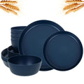 EI 12pcs Dark Blue Wheat Straw Dinnerware Set,Wheat Straw Plates,Plastic Plates Reusable,Plate and Bowls Sets,Unbreakable Plastic Plate for Dinner, Camping,Picnic - color: Dark Blue Wheat Straw Plates and Bowls