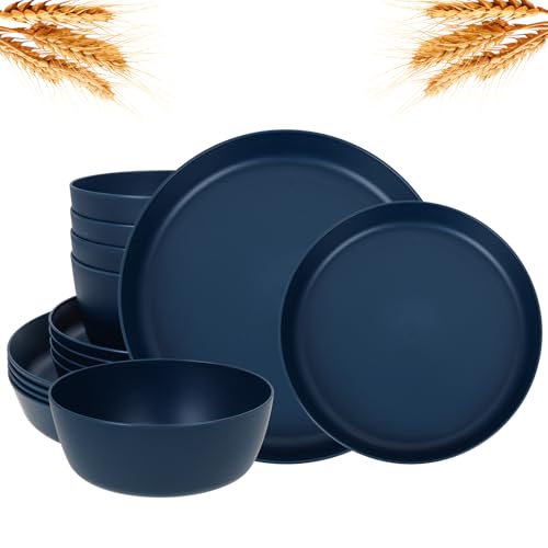 EI 12pcs Dark Blue Wheat Straw Dinnerware Set,Wheat Straw Plates,Plastic Plates Reusable,Plate and Bowls Sets,Unbreakable Plastic Plate for Dinner, Camping,Picnic - color: Dark Blue Wheat Straw Plates and Bowls