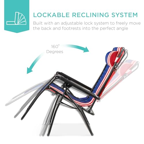 Best Choice Products Folding Zero Gravity Outdoor Recliner Patio Lounge Chair w/Adjustable Canopy Shade, Headrest, Side Accessory Tray, Textilene Mesh - American Flag - color: American Flag, size: Standard