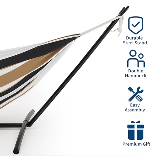 Double Hammock with Steel Stand - 2 Person Hammock Bed Indoor Outdoor, Brazilian-Style, with Carry Bag, 450lb Capacity, Portable & Easy Assembly, Coffee - color: Coffee