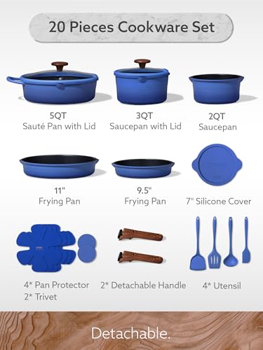CAROTE 20Pcs Titanium Cookware Set, Pots and Pans Set Non Stick, Kitchen Cooking Set with Detachable Handle, Non Toxic Induction Cookware - Camping Cookware, Dishwasher/Oven Safe, Blue - color: Gradient Blue