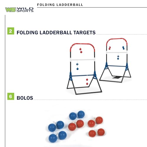 Wild Sports Folding Ladderball Set - Black/Red/Blue, 22" W x 40" H - Foldable Design for Outdoor Sports - Weather-Resistant Build for Beach Games - Wide Base & Metal Anchors for Lawn Games - color: Black/Red/Blue