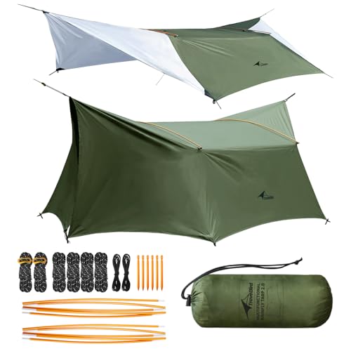 14ft Hammock Rain Fly Lightweight Waterproof Camping Tent Tarp with Doors and Dual Support Poles, Bushcraft Tarp Shelter for Backpacking Hiking Camping - color: Army-2