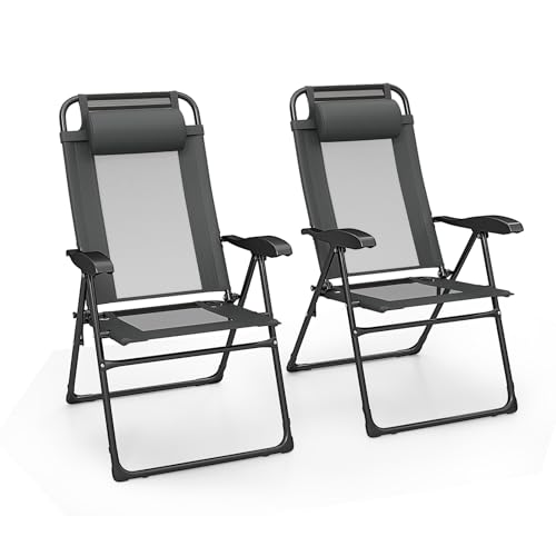 Giantex Set of 2 Patio Folding Chairs, Portable Outdoor Dining Chairs with 7-Level Adjustable Backrest, Headrest, Metal Frame, Outside Recliner for Front Porch Camping Picnic Lawn Garden, Dark Gray - color: Dark Gray