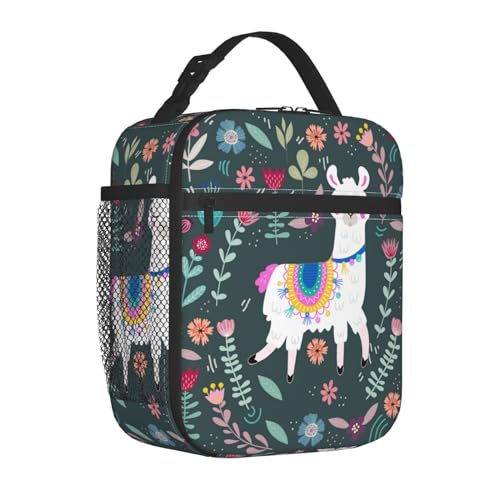 Cute Alpaca Llama Flower Floral Insulated Lunch Bag Portable Reusable Zipper Lunch Box For Men Women Work Picnic Travel Camping - color: Black27