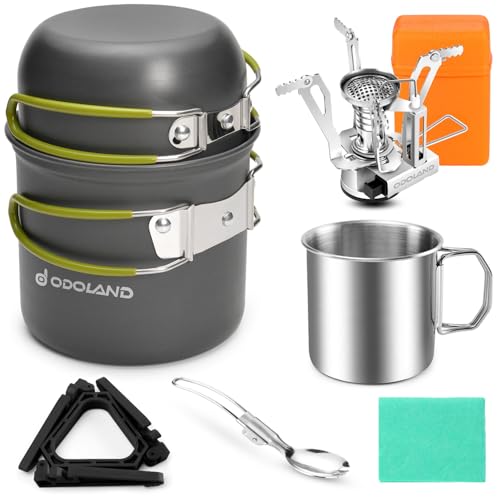 Odoland 8pcs Camping Cookware Mess Kit, Camping Pot and Pan Set with Mini Backpacking Stove, Stainless Steel Cup, Spork and Tank Bracket, Cooking Gear for Outdoor, Hiking, Picnic, Campfire - color: Green