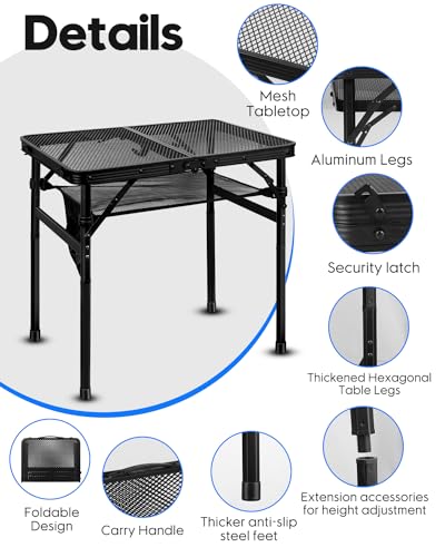 MSDADA Folding Grill Table, Height Adjustable Aluminum Table with Mesh Desktop and Mesh Bag, Portable Grill Table for Outdoor Camping, Picnic, Patio, Dining, BBQ, Party, Black, 23.6×15.7 inch