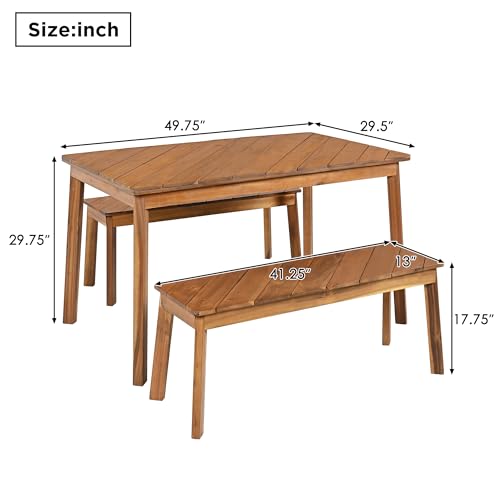 3 Pieces Acacia Wood Table with 2 Benches Dining Set Outdoor Indoor Furniture, Picnic Beer for Patio, Porch, Garden, Poolside - Natural