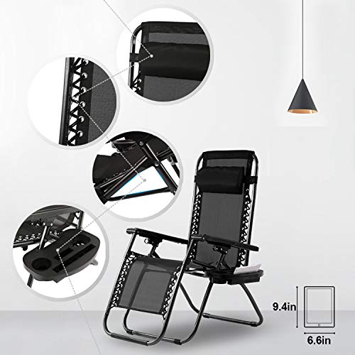 FDW Zero Gravity Chairs Set of 2 Black Lounge Patio Chairs Outdoor Yard Beach with Cup Holders, Black - color: Dark Black