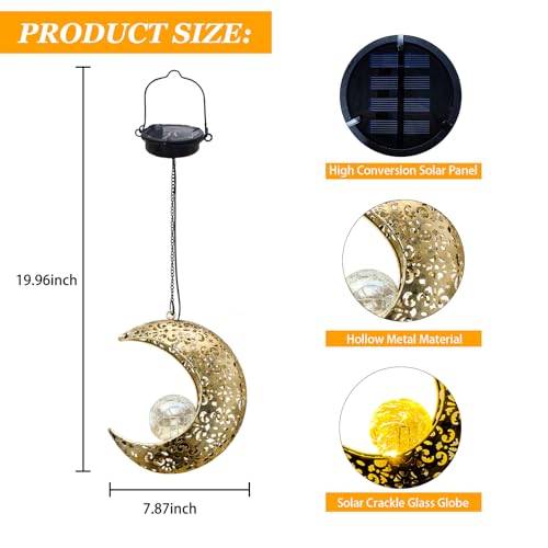 Solar Garden Hanging Moon Lights Outdoor Decor,Metal Lanterns Art Decorations for Outside Yard Lawn Patio Wall Fences Driveway Trail,Unique Housewarming Gardening Gifts for Women Mom - size: 1 PACK Moon