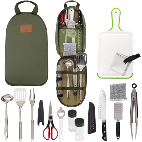 Camp Kitchen Utensil Organizer Travel Set Portable BBQ Camping Cookware Stainless Steel Utensils Travel Kit Outdoor Equipment Cutting Board Tongs Scissors Knife Ladle Spatula - color: New Version OD Green