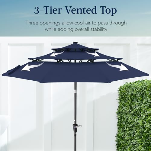 Best Choice Products 10ft 3-Tier Market Patio Umbrella, Outdoor Sun Shade with Tilt, Crank Lift, 8 Ribs for Backyard, Deck, Poolside - color: Navy Blue