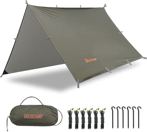 GOLDCAMP Waterproof Camping Tarp，70D Nylon 10X10FT Hammock Rain Fly ，UV 50+ and PU15000mm Tent Tarp Shelter Canopy，Heavy Duty Multifunctional Sun Shade or Rain Fly Essentials for Hiking Backpacking - size: 10X10FT